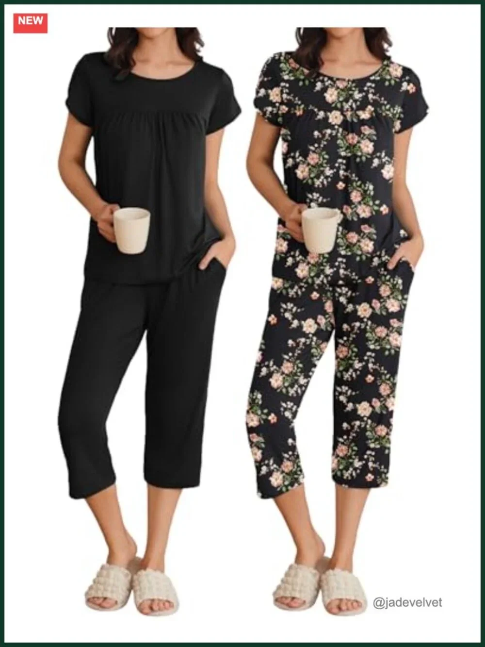Capri Pajama Set Short Sleeve Mumu Pleated Top Capri Pants with Pockets